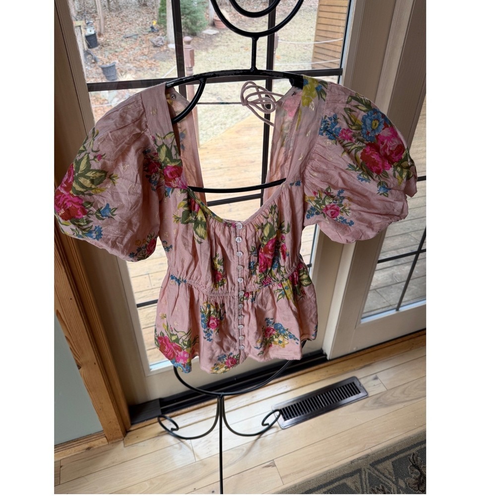 Love The Label Light Sand Helena Nude Puff Sleeve Peplum Button Sz XS Smock